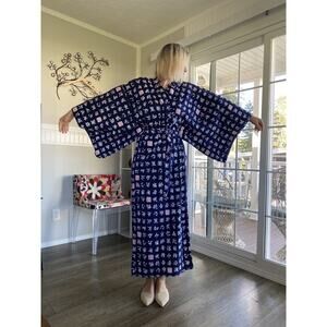 Japanese Blue & White Lightweight Cotton Kimono Robe One Size 55" Long